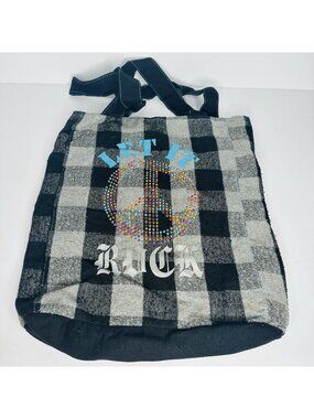 Tote Bag Let It Rock Peace Symbol Sequins Flannel Checkers Lined Zip Pocket